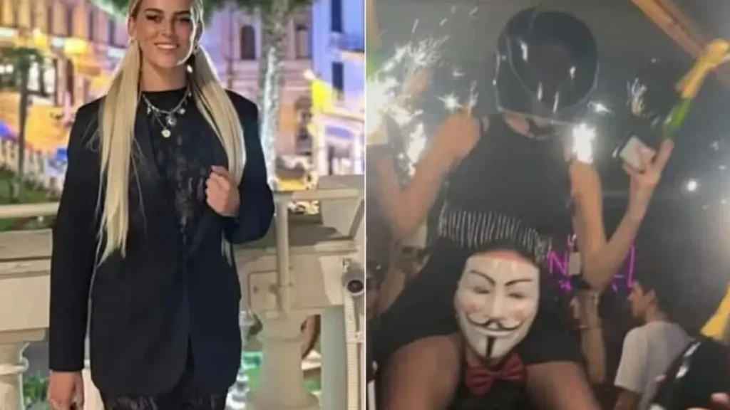 Cyane Panine, de 24 anos, apontada como responsável pelo incêndio que matou 40 pessoas; ao lado, o momento em que ela estava no bar, antes do início da tragédia — Foto: Reprodução