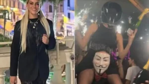 Cyane Panine, de 24 anos, apontada como responsável pelo incêndio que matou 40 pessoas; ao lado, o momento em que ela estava no bar, antes do início da tragédia — Foto: Reprodução