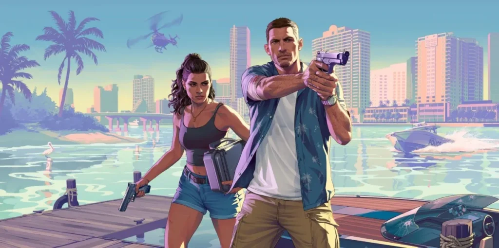 A ilustração apresenta os personagens Jason e Lucia, de GTA VI. • Créditos: Rockstar